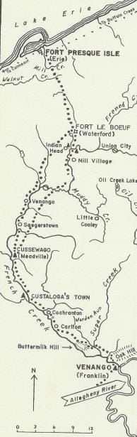 1753-Map of Washington's Trail to Fort Le Boeuf / French Captain Chabert de Joncair