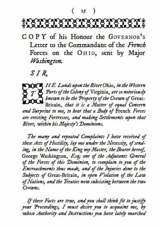 1753-Letters of Declaration-Virginia Governor Dinwiddie's Letter to the French Commandant of the French Forces on the Ohio