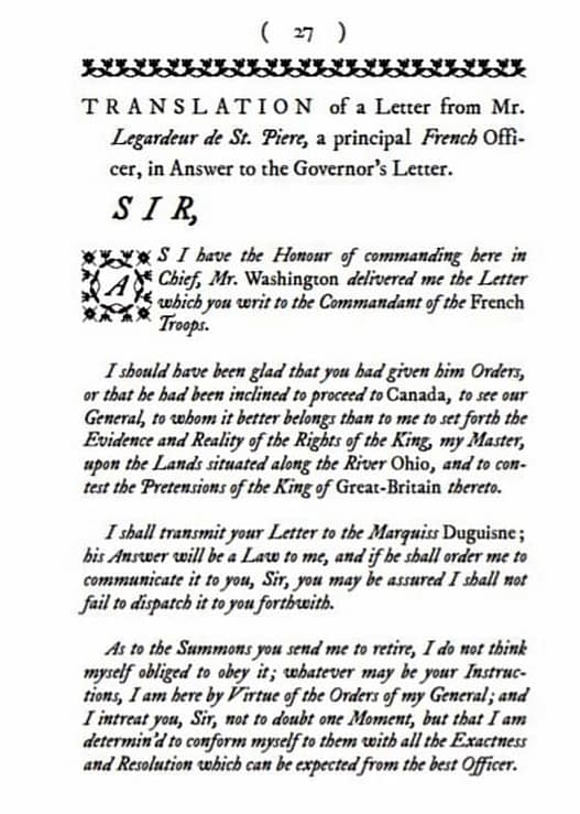 1753-Letters of Declaration-French reply to the British- Virginia Governor Dinwiddie