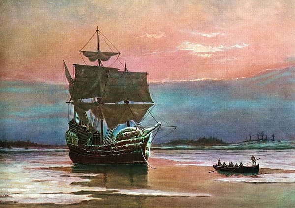 he Mayflower on Her Arrival in Plymouth Harbor -1620 - William Formsby Halsall - Thanksgiving Day-America's Oldest National Holiday